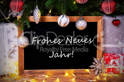 Chalkboard, Tree, Gift, Fairy Lights, Frohes Neues Means Happy New Year