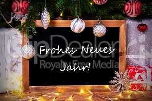 Chalkboard, Tree, Gift, Fairy Lights, Frohes Neues Means Happy New Year