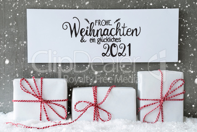 Three Gifts, Sign, Snow, Glueckliches 2021 Means Happy 2021, Snowflakes