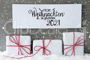 Three Gifts, Sign, Snow, Glueckliches 2021 Means Happy 2021, Snowflakes