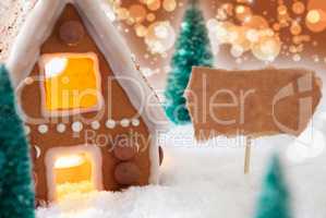 Gingerbread House, Snow, Copy Space, Golden Background