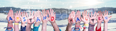 Children Hands Building Abstand Halten Means Keep Distance, Winter Background