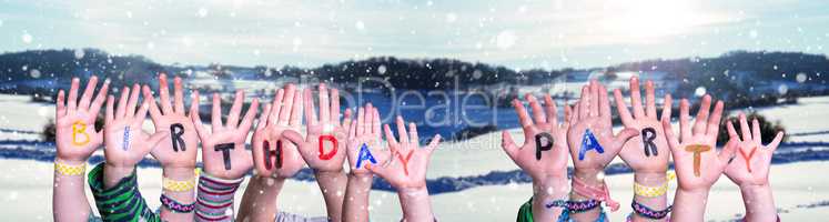 Children Hands Building Word Birthday Party, Snowy Winter Background