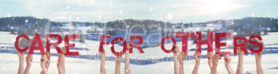 People Hands Holding Word Care For Others, Snowy Winter Background