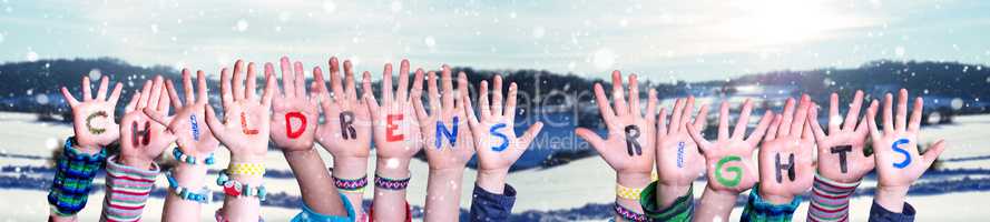 Children Hands Building Word Children Rights, Snowy Winter Background