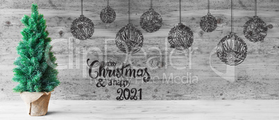 Christmas Tree, Balls, Merry Christmas And A Happy 2021, Black And White
