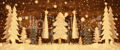 Banner, Christmas Trees, Snow, Brown Retro Background, Snowflakes