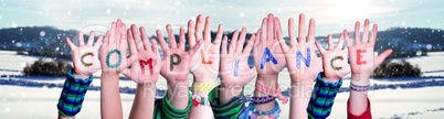 Children Hands Building Word Compliance, Snowy Winter Background