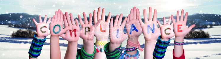 Children Hands Building Word Compliance, Snowy Winter Background