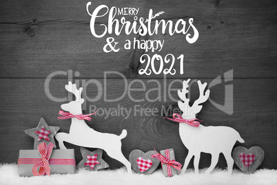 Gift, Deer, Heart, Snow, Merry Christmas And Happy 2021, Gray Background
