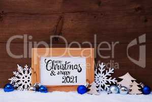 Tree, Snowflake, Snow, Blue Ball, Merry Christmas And Happy 2021
