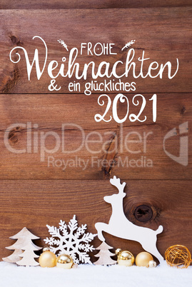 Snow, Deer, Tree, Golden Ball, Glueckliches 2021 Means Happy 2021