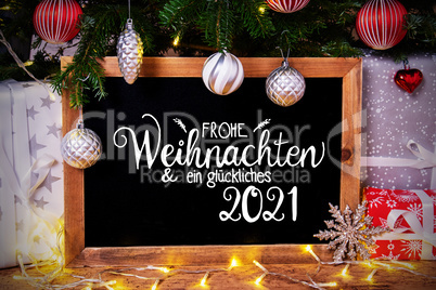 Chalkboard, Tree, Gift, Fairy Lights, Glueckliches 2021 Means Happy 2021