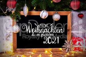 Chalkboard, Tree, Gift, Fairy Lights, Glueckliches 2021 Means Happy 2021