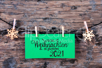 Green Label, Wooden Background, Rope, Glueckliches 2021 Means Happy 2021