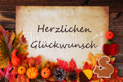 Old Paper With Autumn Decoration, Glueckwunsch Means Congratulations