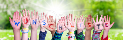 Children Hands Building Word Wunschliste Means Wishlist, Grass Meadow