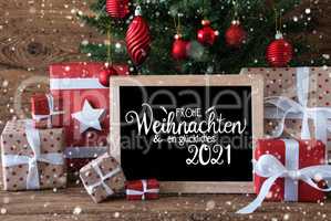 Christmas Tree, Snowflakes, Gift, Text Glueckliches 2021 Means Happy 2021