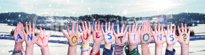Children Hands Building Word Any Questions, Snowy Winter Background