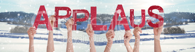 People Hands Holding Word Applaus Means Applause, Snowy Winter Background
