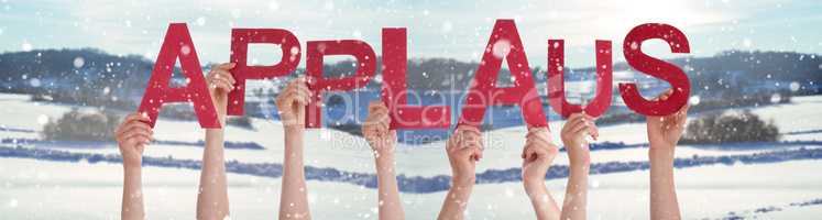 People Hands Holding Word Applaus Means Applause, Snowy Winter Background