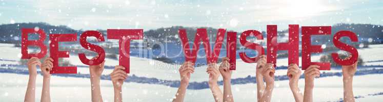 People Hands Holding Word Best Wishes, Snowy Winter Background