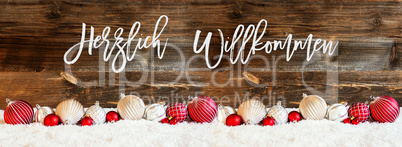 Banner Of Christmas Ball Ornament, Snow, Herzlich Willkommen Means Welcome