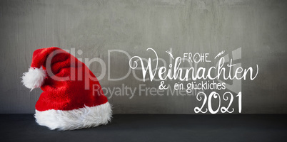 Red Santa Hat, Cement, Calligraphy Glueckliches 2021 Means Happy 2021