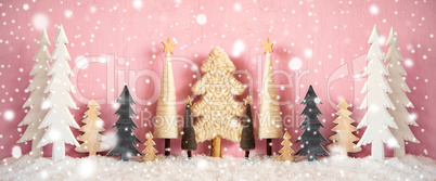 Banner, Christmas Trees, Snow, Grungy Pink Background, Snowflakes