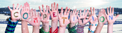Children Hands Building Word Competition, Snowy Winter Background