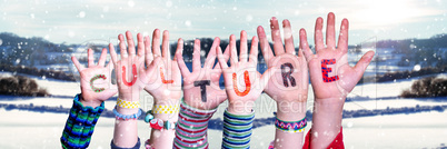 Children Hands Building Word Culture, Snowy Winter Background