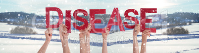 People Hands Holding Word Disease, Snowy Winter Background
