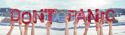 People Hands Holding Word Dont Panic, Snowy Winter Background