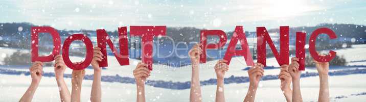 People Hands Holding Word Dont Panic, Snowy Winter Background