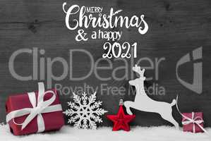 Gift, Deer, Snow, Ball, Merry Christmas And Happy 2021, Gray Background