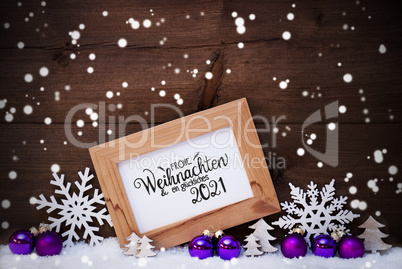 Frame, Purple Ball, Tree, Snow, Snowflakes, Glueckliches 2021 Means Happy 2021