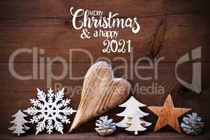 Wooden Christmas Decoration, Heart, Merry Christmas And Happy 2021