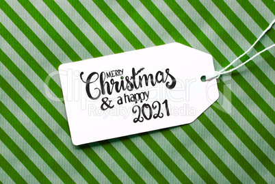 Green Wrapping Paper, Label, Merry Christmas And A Happy 2021