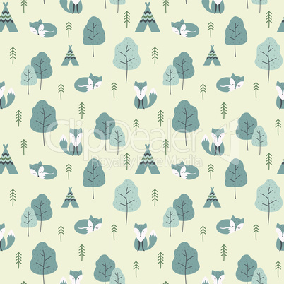 Arctic fox and trees colorful seamless pattern