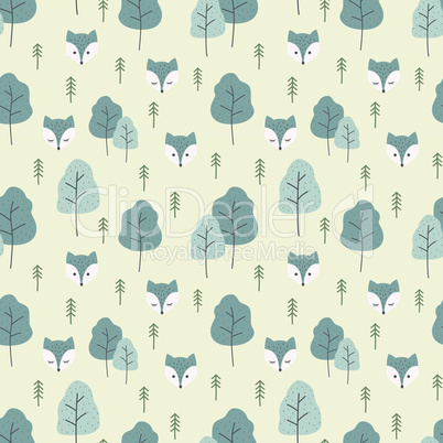 Arctic fox and trees colorful seamless pattern