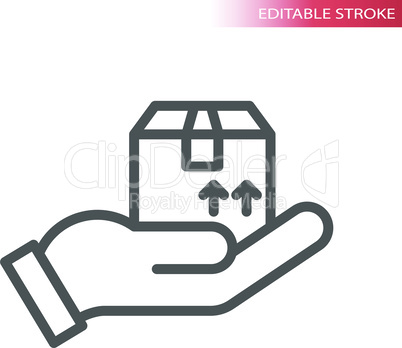 Hand with delivery box thin line vector icon