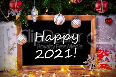 Chalkboard, Tree, Gift, Fairy Lights, Text Happy 2021