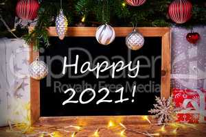 Chalkboard, Tree, Gift, Fairy Lights, Text Happy 2021