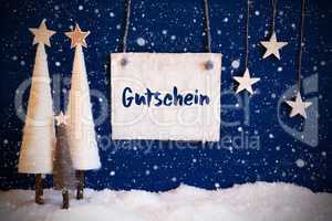 Christmas Tree, Blue Background, Snow, Gutschein Means Voucher, Snowflakes