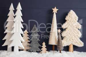 Christmas Trees, Snow, Black Wooden Background, Star