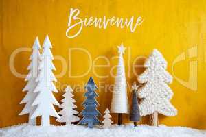 Christmas Trees, Snow, Yellow Background, Bienvenue Means Welcome