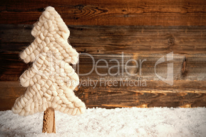 Fabric Christmas Tree, Snow, Copy Space, Rustic Brown Wooden Background