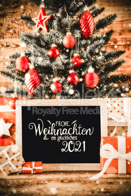 Bright Christmas Tree, Gifts, Snowflakes, Glueckliches 2021 Means Happy 2021