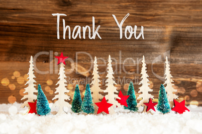 Christmas Tree, Snow, Red Star, Text Thank You, Wooden Background
