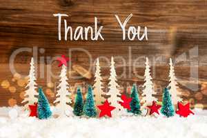 Christmas Tree, Snow, Red Star, Text Thank You, Wooden Background